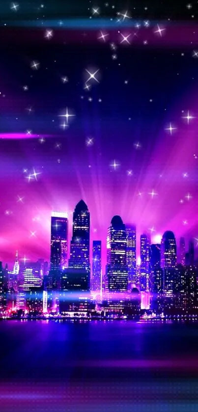 Vibrant cityscape at night with a starry sky and purple glow.