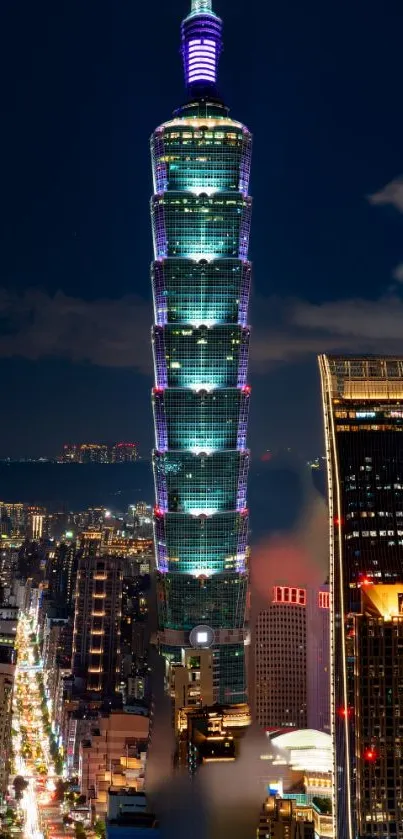 Stunning Taipei 101 illuminated at night against vibrant cityscape.