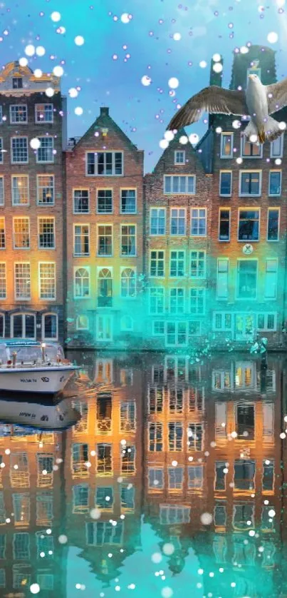 Colorful cityscape with reflections and a seagull in flight.