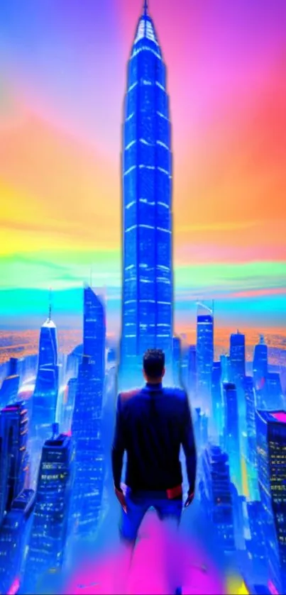 Vibrant neon cityscape with towering blue skyscraper and man in foreground.