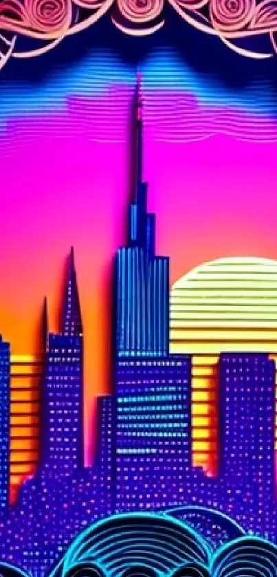 Vibrant paper-cut cityscape against a sunset with fuchsia and blue hues.