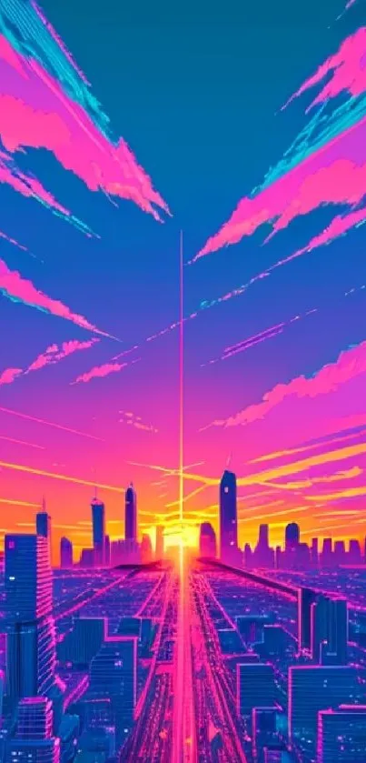 Futuristic cityscape with vibrant sunset and neon colors.