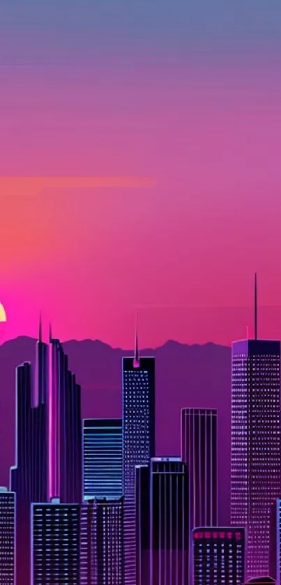 Colorful cityscape at sunset with pink and purple sky.