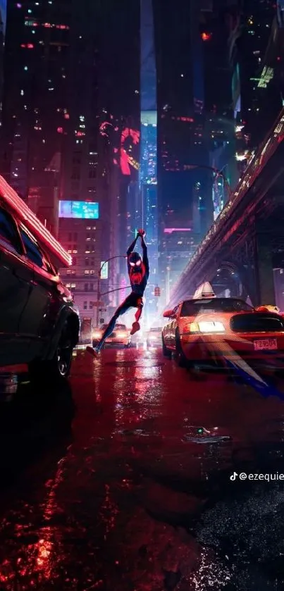 Superhero swings through neon-lit city street at night.