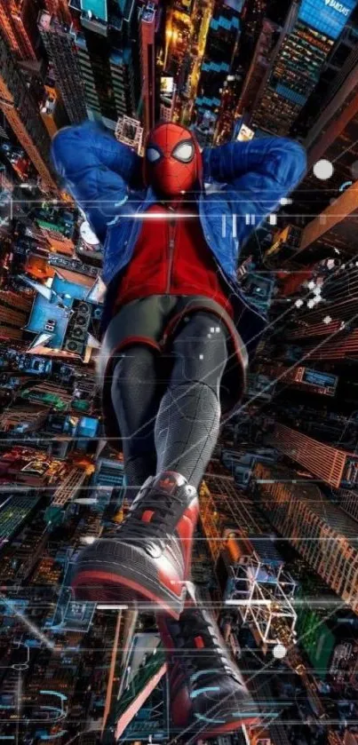 Superhero relaxes above cityscape skyline in vibrant mobile wallpaper.