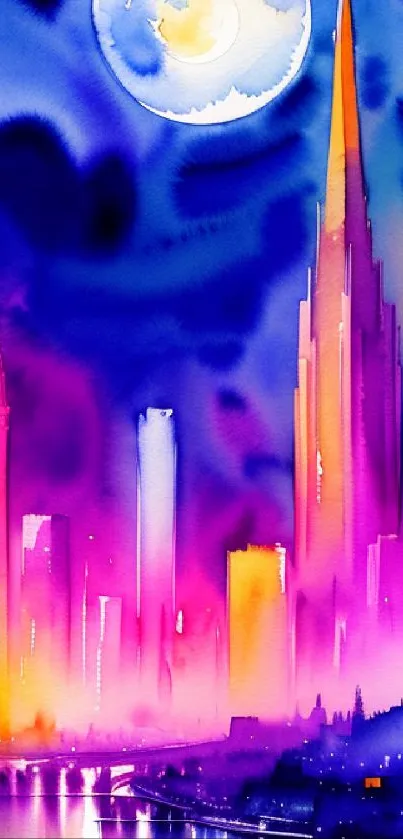 Vibrant cityscape with glowing moon and colorful skyscrapers in a digital art style.