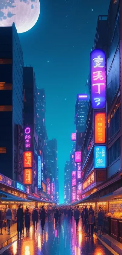 Vibrant neon city street at night under a full moon, with colorful city lights.