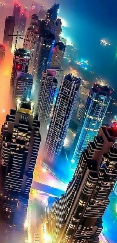 Vibrant cityscape with illuminated skyscrapers and colorful lights at night.