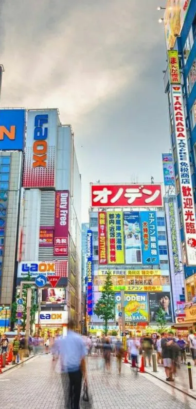 Tokyo cityscape with neon lights and busy street scene in vibrant colors.