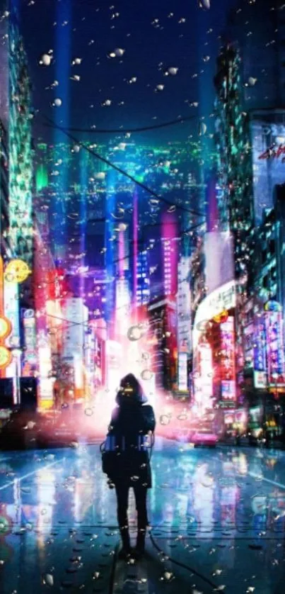 Neon cityscape with rain and reflections, featuring vibrant colors and urban ambiance.