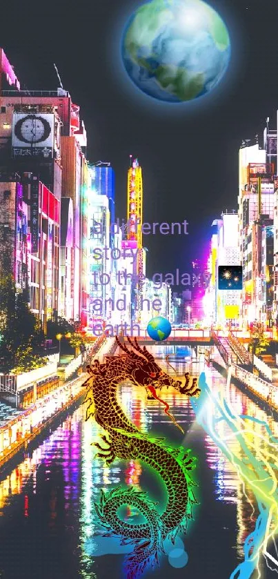 Vibrant city scene with a dragon, neon lights, and a planet above.