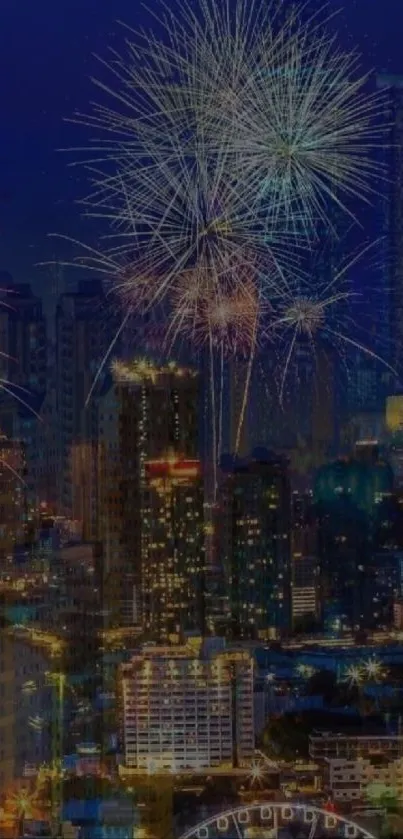 City skyline with vibrant fireworks lighting up the night sky.