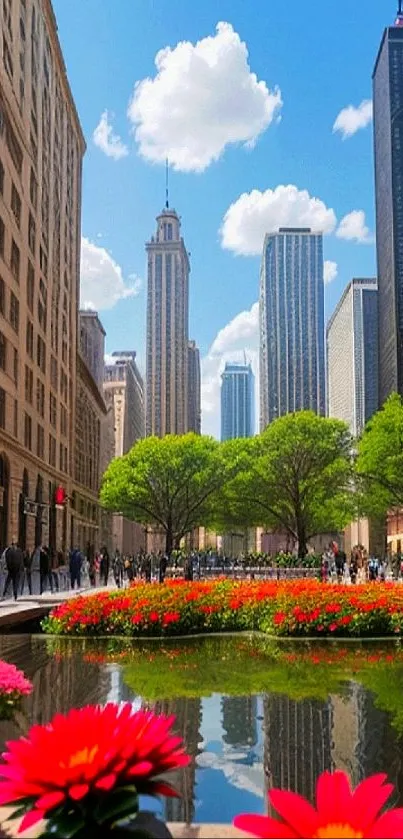 Vibrant cityscape with colorful flowers under a clear blue sky.