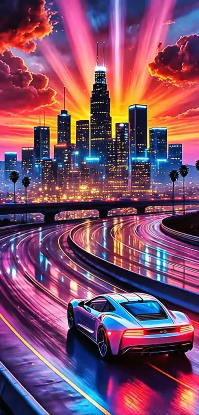 Futuristic car under vibrant cityscape at sunset with neon lights.