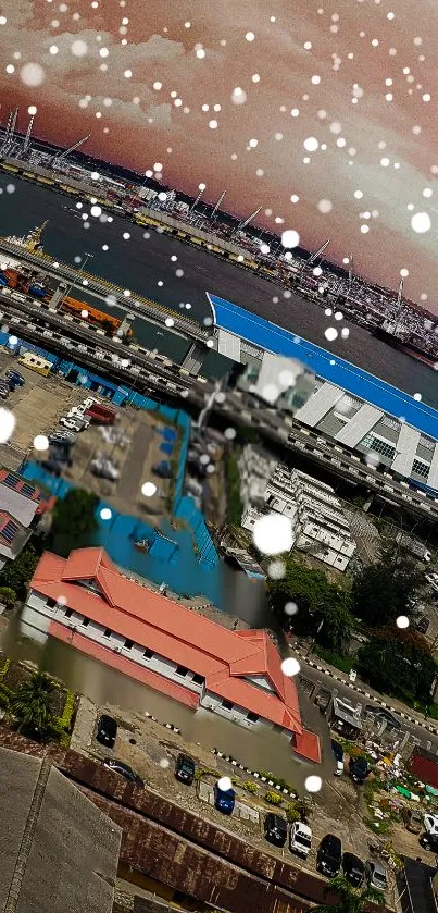 Aerial view of a vibrant cityscape with a harbor and colorful buildings.