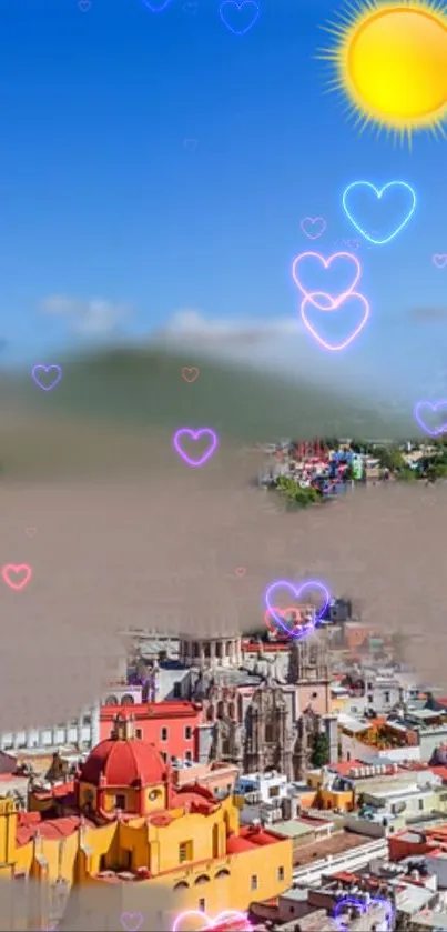 Vibrant cityscape with neon hearts and glowing sun.
