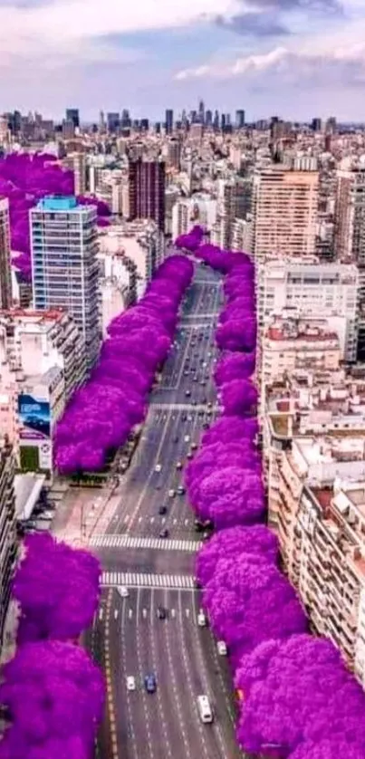 City skyline with vibrant purple trees lining the streets.