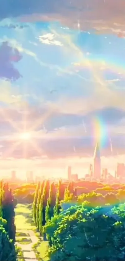 Anime-style cityscape with rainbow and sunset.