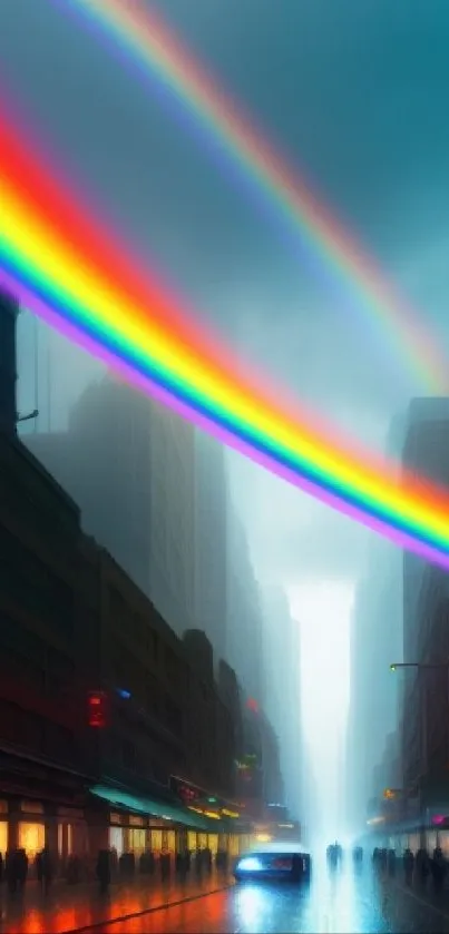Vibrant cityscape with glowing rainbows in a futuristic urban setting.