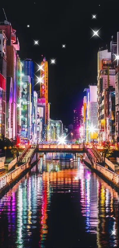 Vibrant cityscape with neon reflections on a river, glowing at night.