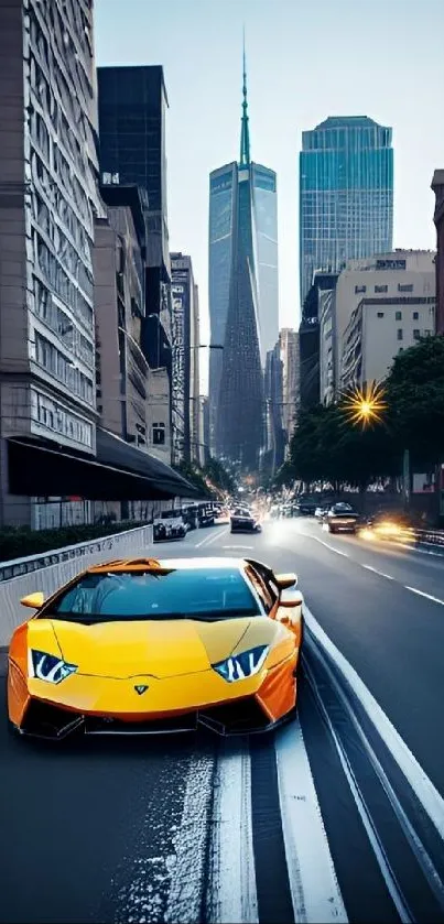 Yellow supercar driving in bustling cityscape with skyscrapers.