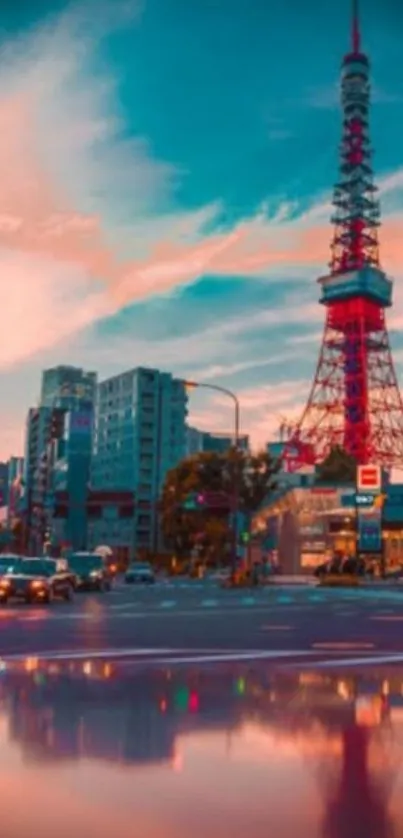 Vibrant cityscape featuring a colorful tower at sunset.