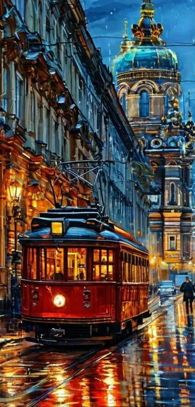 Vibrant cityscape with a red tram at night.