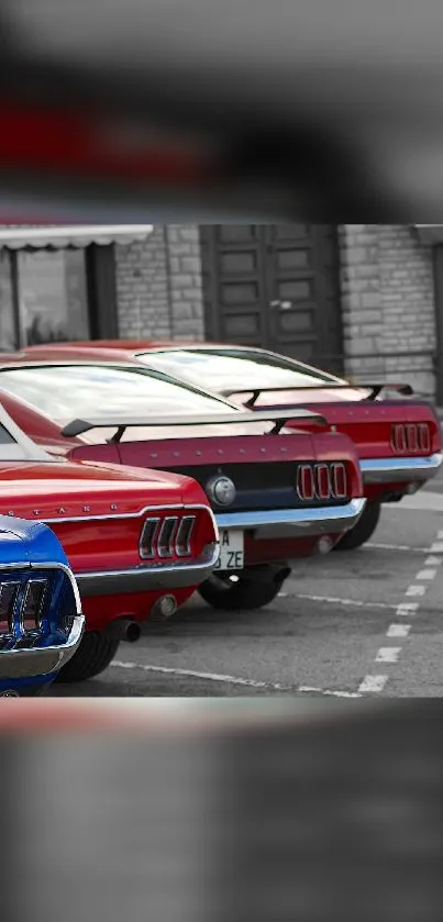 Classic red and blue cars parked in a row.