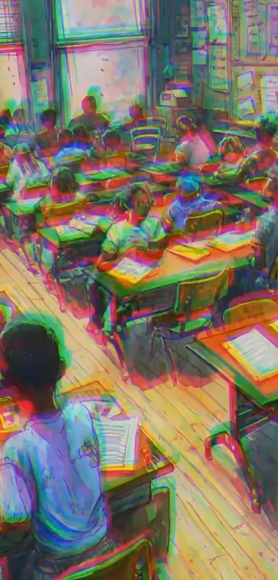 Artistic classroom scene with vibrant desks and focused students.