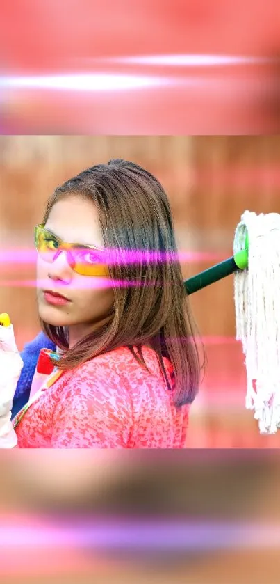 Vibrant image of a woman with cleaning supplies wearing colorful attire.