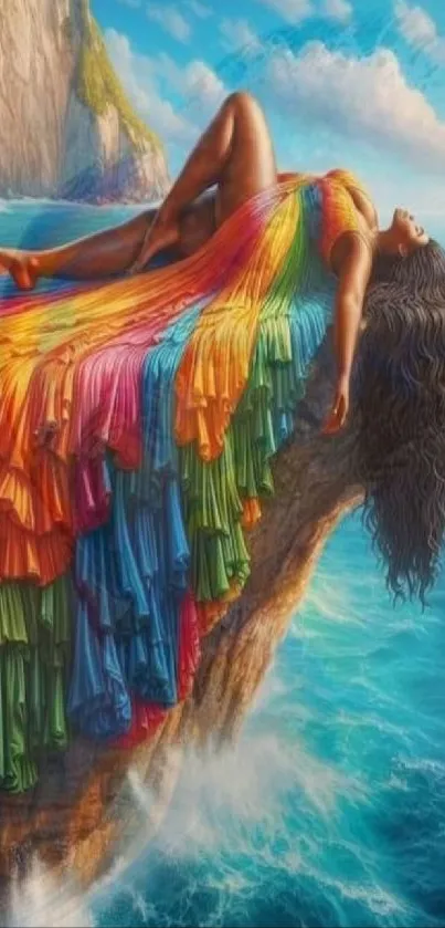 Fantasy artwork with vibrant dress by ocean cliff