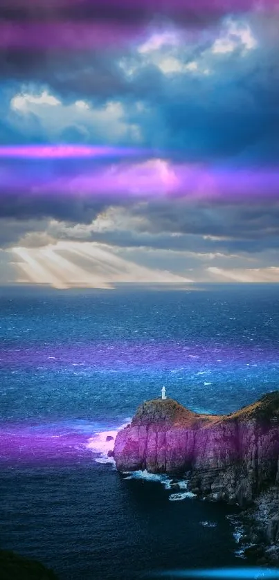 Vibrant ocean view with cliffs, colorful skies, and dramatic lighting.