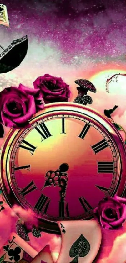 Colorful clock and roses fantasy wallpaper with playing cards.