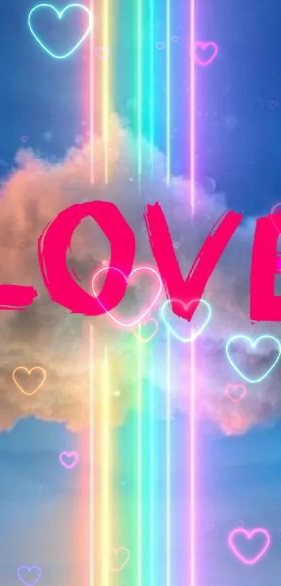 Colorful cloud with neon beams and LOVE text wallpaper.