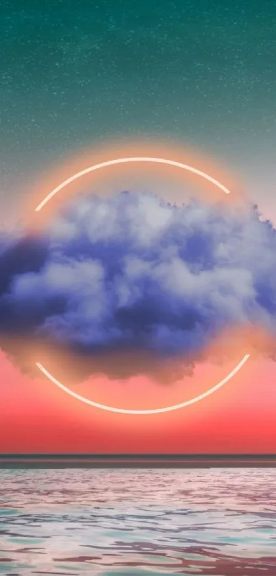 Vibrant neon circle surrounds a cloud over a serene ocean at sunset.