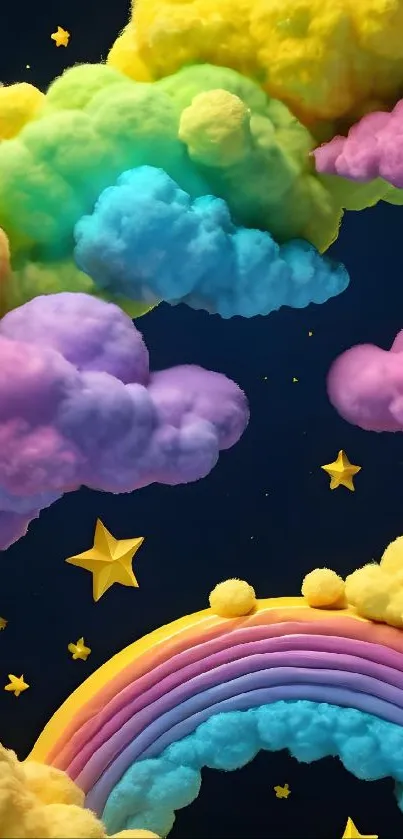 Colorful clouds and rainbow mobile wallpaper with stars.