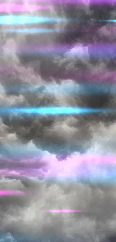 Stormy clouds with neon pink and blue streaks.