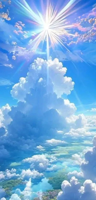 Radiant cloudscape and blue sky wallpaper with bright sunlight.