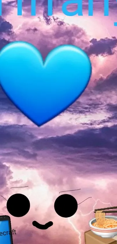 Colorful wallpaper with a blue heart on a cloudy sky background.