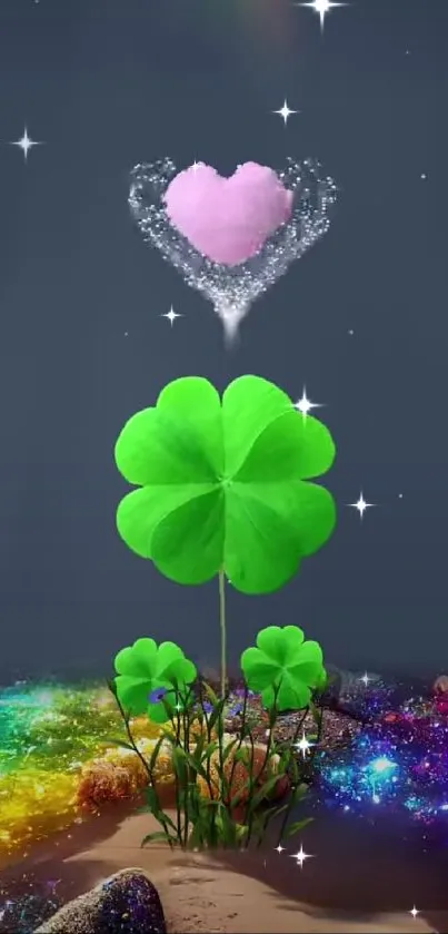 Green clover with a heart on a starry, colorful background.