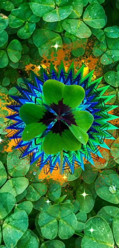 Vibrant clover art with green and blue patterns.