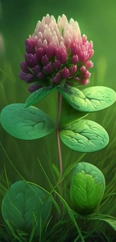 Colorful clover flower with green leaves on a vibrant background.