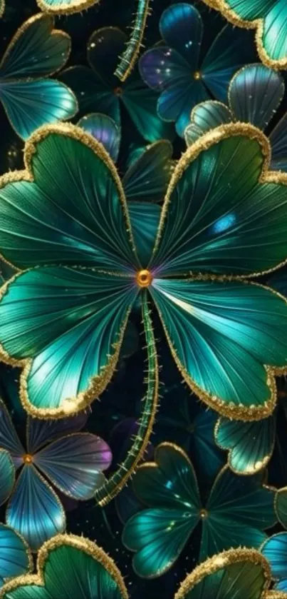Intricate teal clover leaf pattern with golden edges.