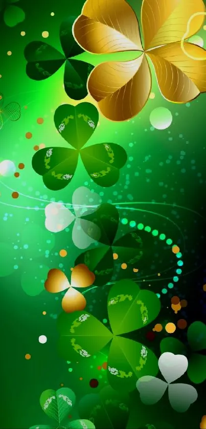 Vibrant green clover leaf wallpaper with golden accents and nature theme.