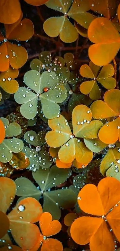 Vibrant orange and green clover leaves with water droplets.