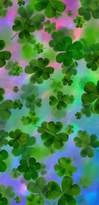 Vibrant green clovers on a colorful background.