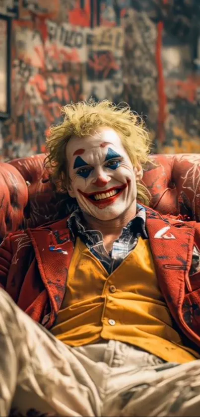 Vibrant clown sitting on a red couch.