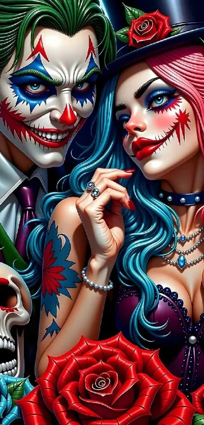 Vibrant clown-inspired wallpaper with roses and skull.