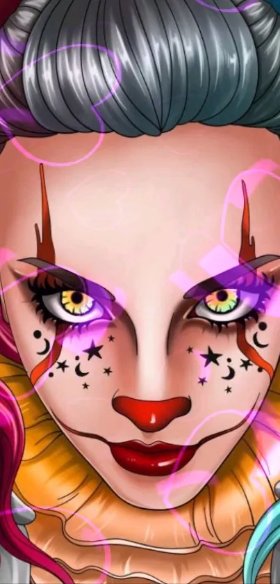 Vibrant clown face with bright colors and artistic design.