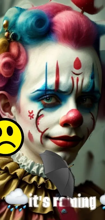 Clown face with vibrant makeup and whimsical expression on wallpaper.